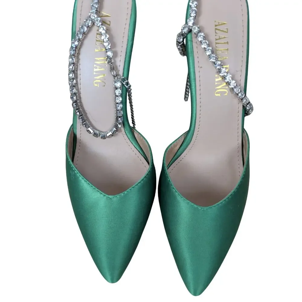 Azalea Wang Ashley Stiletto Heels 6 Green Rhinestone Ankle Strap Pointed Toe